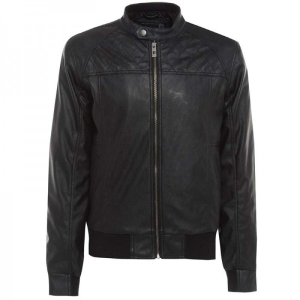 Men’s Leather Look Bomber Jacket With Biker Style Tab Fastened Collar